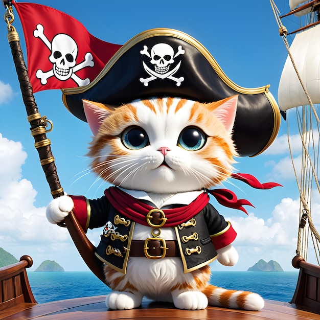 Foto há uma visão única na proa do navio um gato pirata de um olho cheio de corpo segurando orgulhosamente