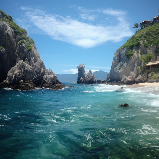 há uma vista de uma praia com um penhasco no fundo generativo ai