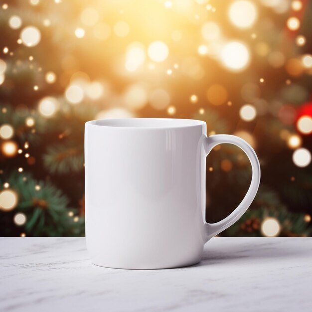 Há uma xícara de café branca sentada em uma mesa com uma árvore de Natal no fundo.