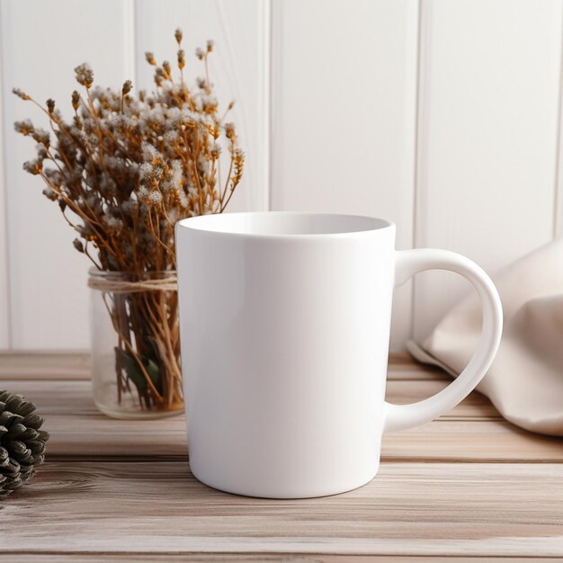 Há uma xícara de café branca sobre uma mesa ao lado de um vaso de flores generativas ai