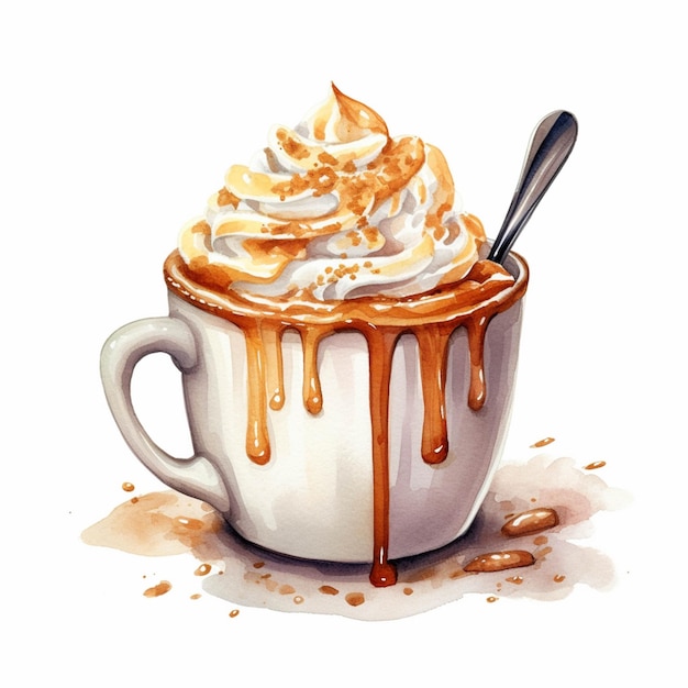 Há uma xícara de café com chantilly e uma colher generativa ai