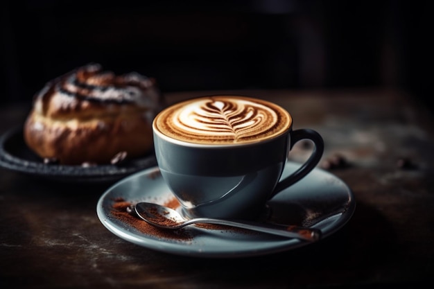 Há uma xícara de café e uma massa em uma mesa generativa ai