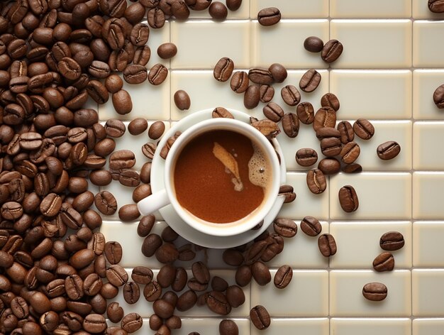 há uma xícara de café em uma mesa com grãos de café generativos ai