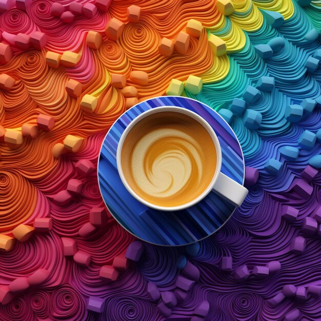 Há uma xícara de café em uma toalha de mesa colorida generativa ai