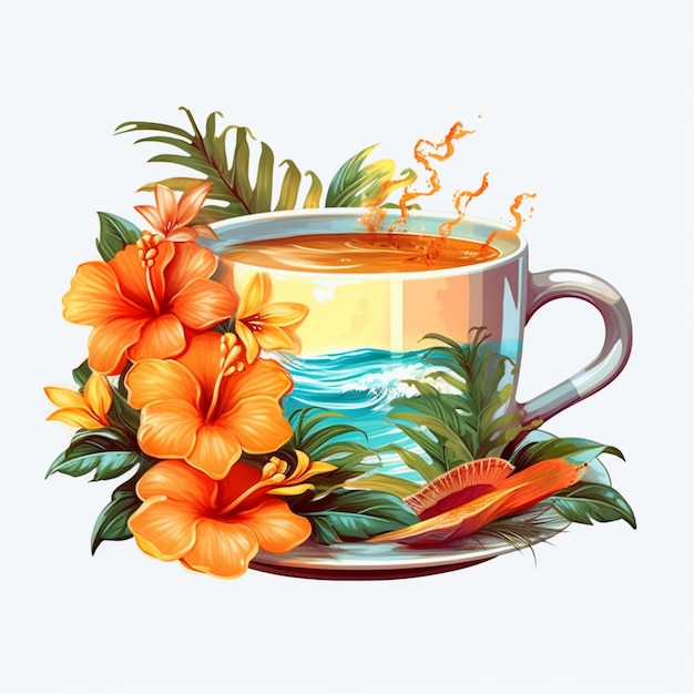 Há uma xícara de chá com um design tropical nela generativa ai