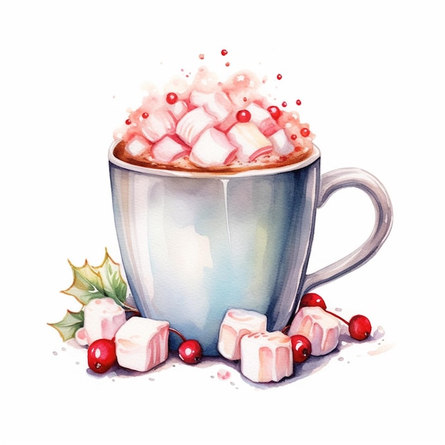 Há uma xícara de chocolate quente com marshmallows e holly generative ai