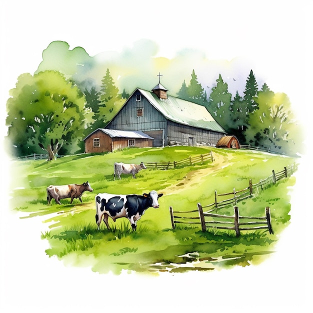 Há vacas a pastar num campo perto de um celeiro.