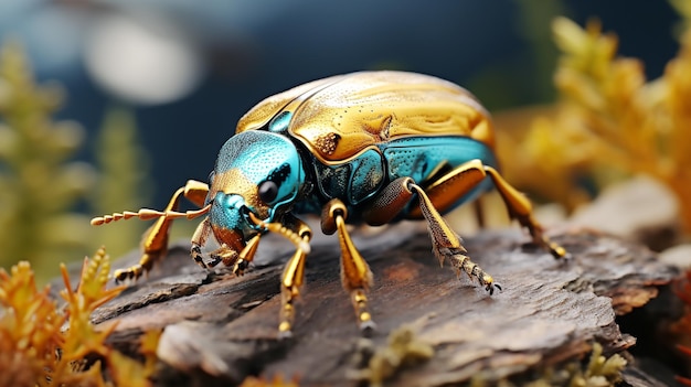 Haariger Rüsselkäfer, metallisch blaue Antenne und gelbes Bein im Fokus