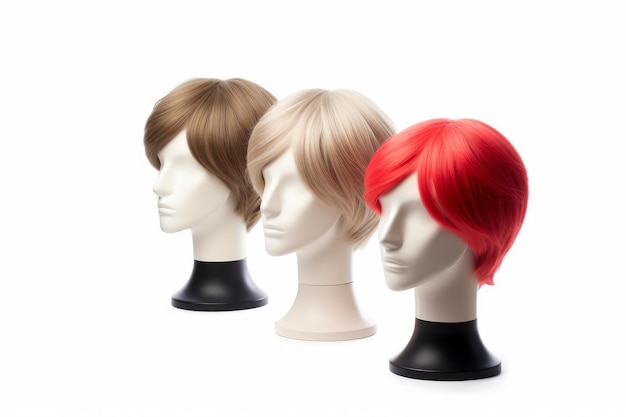 Haarperücke über dem Kopf der Plastikmannequin, isoliert über dem weißen Hintergrund, Mockup mit zeitgenössischen Herrenfrisuren Generative KI-Illustration