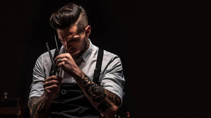 Foto haarschneid bei friseur mann friseur macht frisur werbung für friseurhaus friseur generative ki