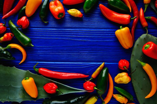 Habanero-poblano-serrano-Jalapeno-Blauhintergrund der mexikanischen heißen Paprikas pfeffert bunten