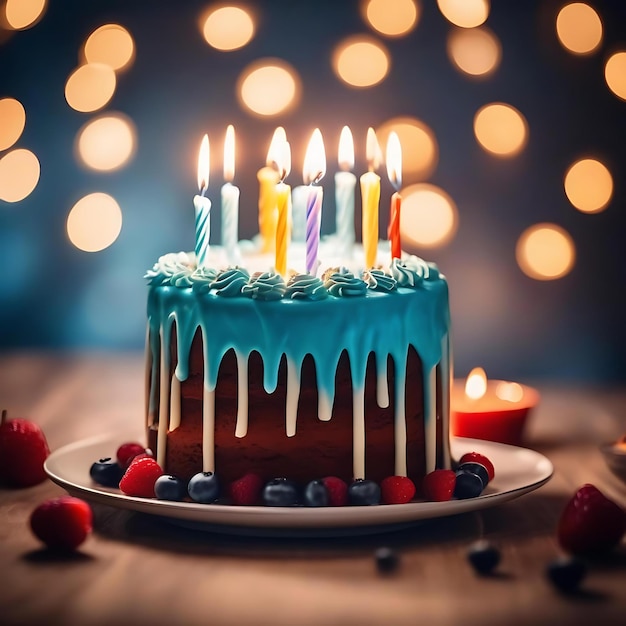 Foto había un pastel de cumpleaños con velas en la mesa.