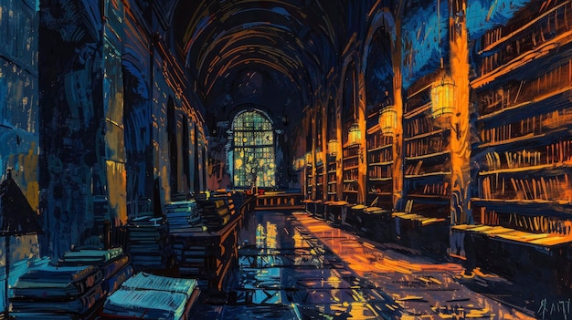 Había un toque de misterio en el aire cuando la vieja biblioteca estaba iluminada por la noche por linternas que creaban largas sombras en las estanterías