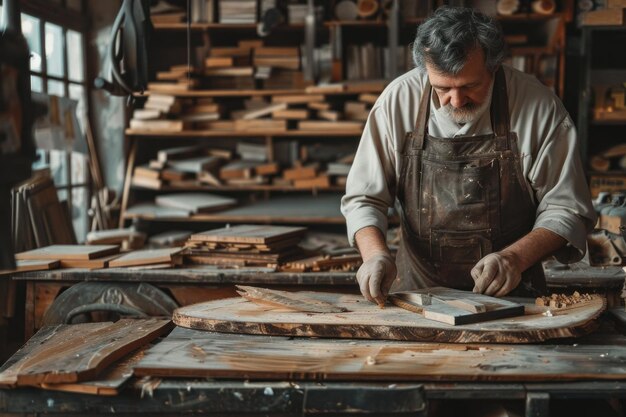 Foto un hábil artesano da forma hábilmente a la madera en un taller bien equipado rodeado de herramientas, aserradura y tablas de madera