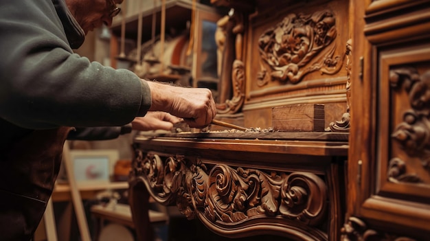 Un hábil artesano restaurador está restaurando cuidadosamente los intrincados detalles de un mueble de madera antiguo