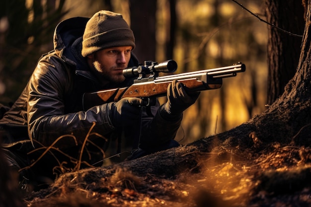 Un hábil cazador se encuentra con confianza en el bosque con un rifle en la mano preparándose para su aventura al aire libre cazador apuntando con el rifle AI generado