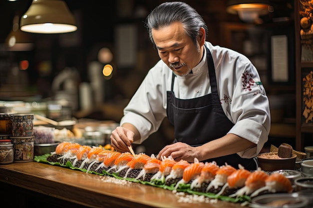 Hábil chef japonés preparando sushi fresco generativa IA