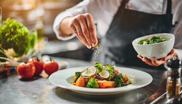 El hábil chef en uniforme agrega especias aromáticas para mejorar el sabor de un plato gourmet que muestra cul