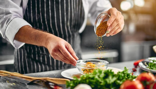 El hábil chef en uniforme agrega especias aromáticas para mejorar el sabor de un plato gourmet que muestra cul