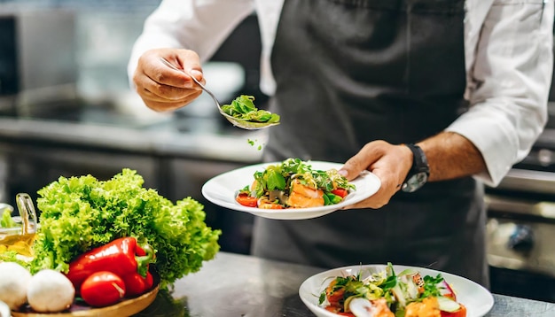 El hábil chef en uniforme agrega especias aromáticas para mejorar el sabor de un plato gourmet que muestra cul