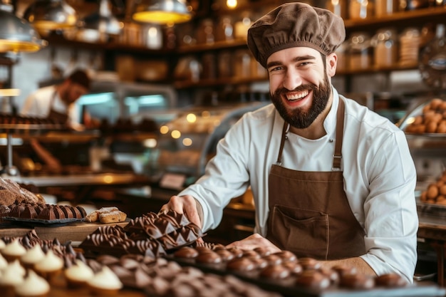 Un hábil fabricante de chocolate con un delantal y un sombrero arregla meticulosamente los deliciosos chocolates en un mostrador