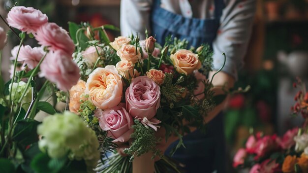 Un hábil florista arregla meticulosamente un impresionante ramo que muestra la exquisita artesanía y la incomparable belleza de la naturaleza.