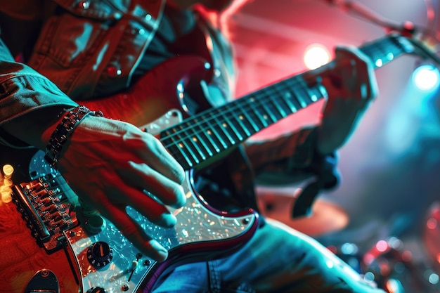 Foto un hábil guitarrista interpretando un solo en el escenario con los dedos volando sobre el fretboard y una expresión enfocada