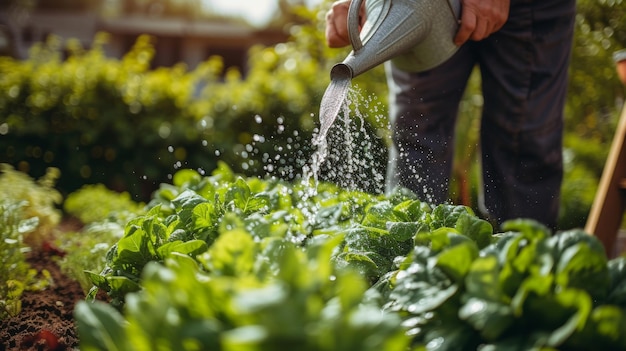 Un hábil jardinero regando con gracia una fila de verduras prósperas en su oasis de patio trasero