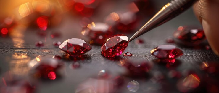 Foto un hábil joyero coloca piedras preciosas rojas vibrantes en un anillo de lujo