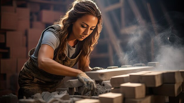 Foto una hábil mujer caucásica meticulosamente colocando ladrillos mostrando el arte del ladrillo y la construcción