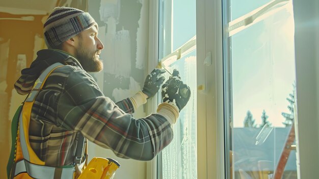 Foto un hábil reparacionista cierra cuidadosamente las ventanas para sellarlas y aislarlas