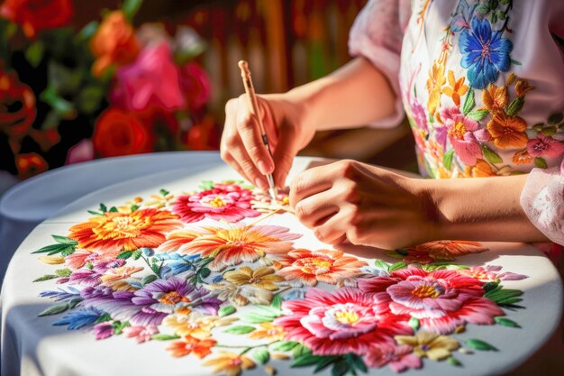 La habilidad y precisión de un experto costurero crea bordados exquisitos y detallados.