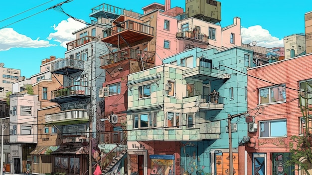 Habitação acessível e conceito de gentrificação Conceito de fantasia Pintura de ilustração