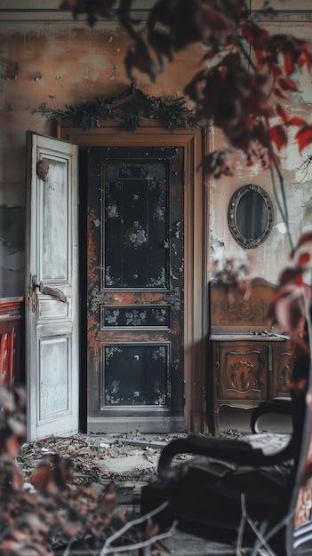 Una habitación abandonada con una puerta desgastada y paredes desgarradas insinúan
