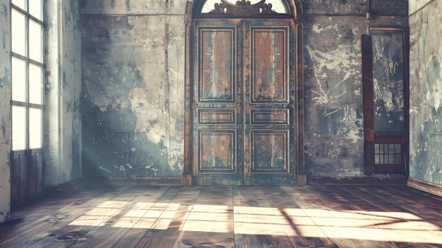 Una habitación abandonada con puertas desgastadas y un suelo polvoriento bañado