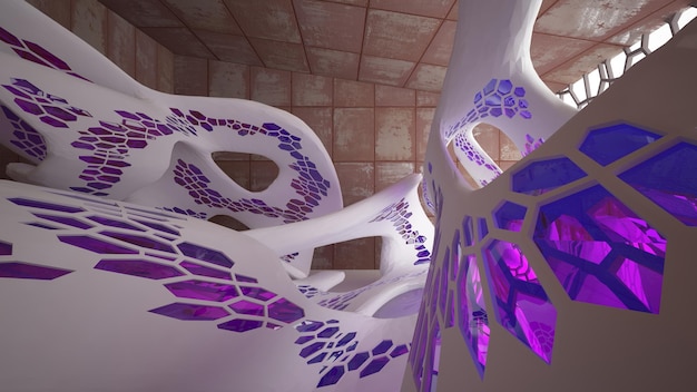 Habitación abstracta lisa vacía interior blanco de láminas de metal oxidado Fondo arquitectónico 3D