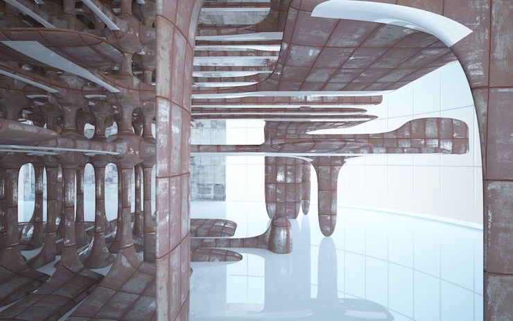 Foto habitación abstracta vacía interior blanco de láminas de metal oxidado fondo arquitectónico 3d