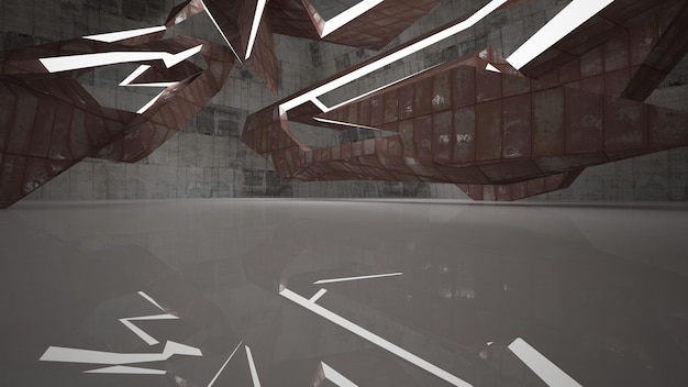 Habitación abstracta vacía interior blanco de láminas de metal oxidado Fondo arquitectónico 3D