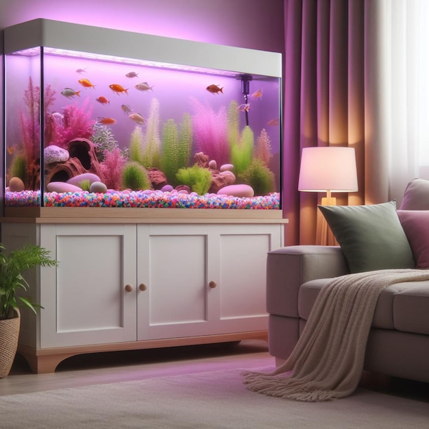 Foto una habitación acogedora con un acuario decorativo como punto focal. el acuario tiene una suave iluminación lila.