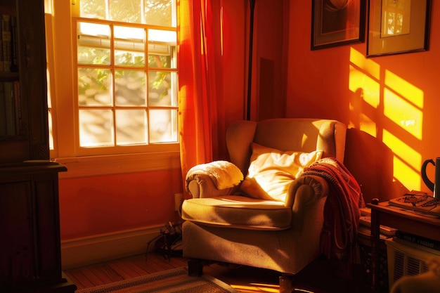 Foto una habitación acogedora bañada en luz naranja