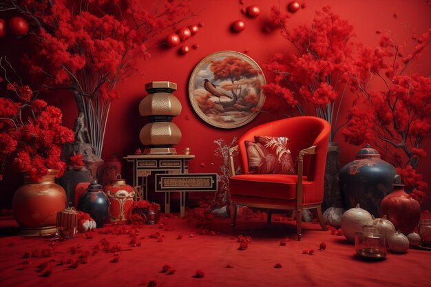 Foto habitación acogedora de color rojo oriental