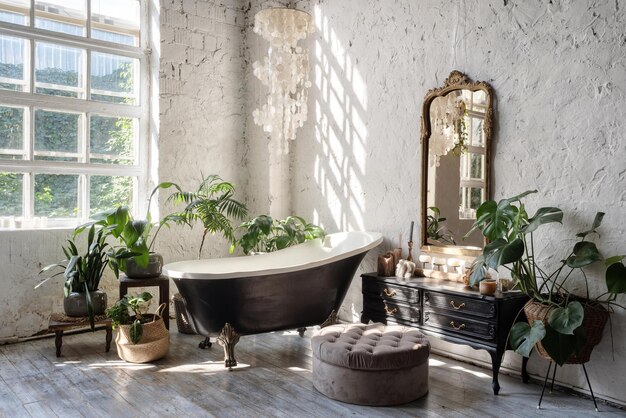 Habitación acogedora y cómoda con interior de estilo bohemia