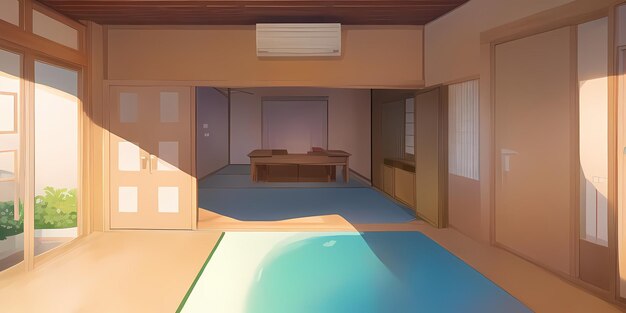Foto habitación acogedora de estilo anime japonés con ventanas yukimi shoji balcón árboles afuera día de luz solar