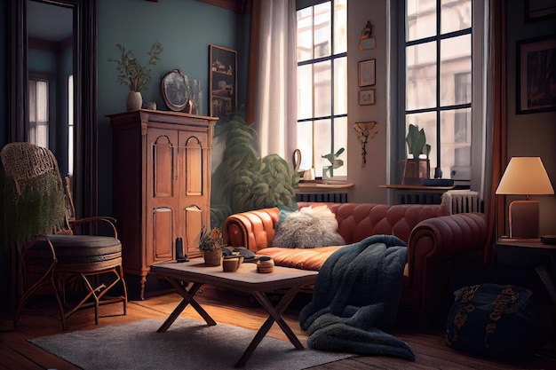 Habitación acogedora con texturas suaves y colores cálidos con muebles y accesorios vintage.