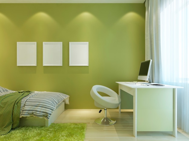 Habitación para un adolescente en un estilo moderno con carteles de maquetas en la pared. La habitación está hecha en colores verde claro con muebles blancos. Render 3D.