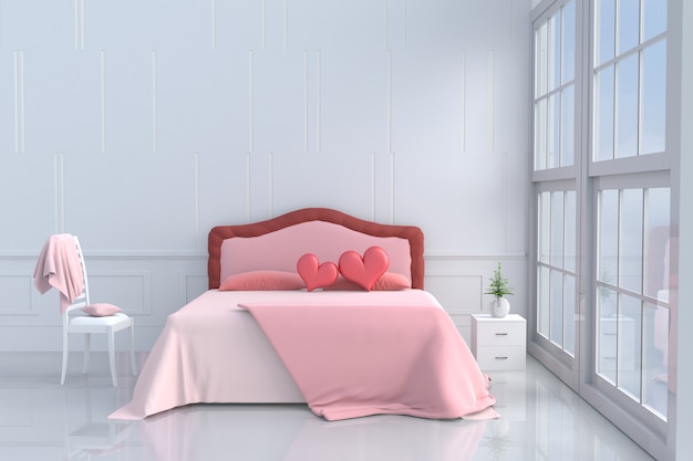 Habitación del amor en el día de San Valentín. Corazón rojo en cama rosa, ventana, silla, almohada, manta. 3D