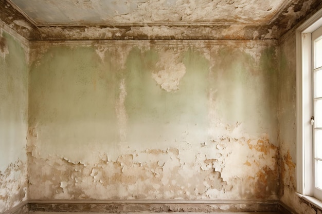 Habitación antigua abandonada con yeso desgastado y manchas de moho