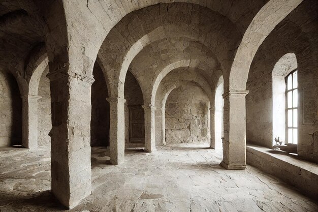 Habitación antigua oscura con luz de las ventanas
