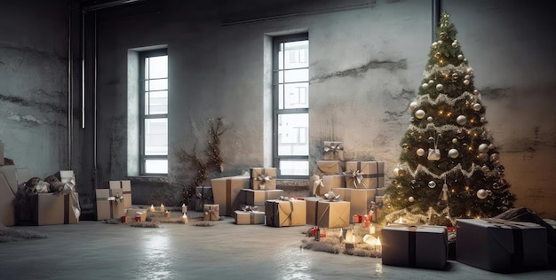 Habitación de apartamento de ático decorada con cajas de regalos de árboles de Navidad velas de luz en lugar de textura de hormigón