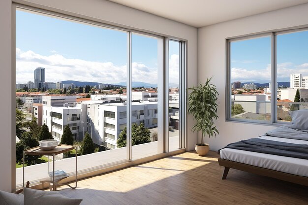 Habitación de apartamento con una ventana con vistas al paisaje de la ciudad